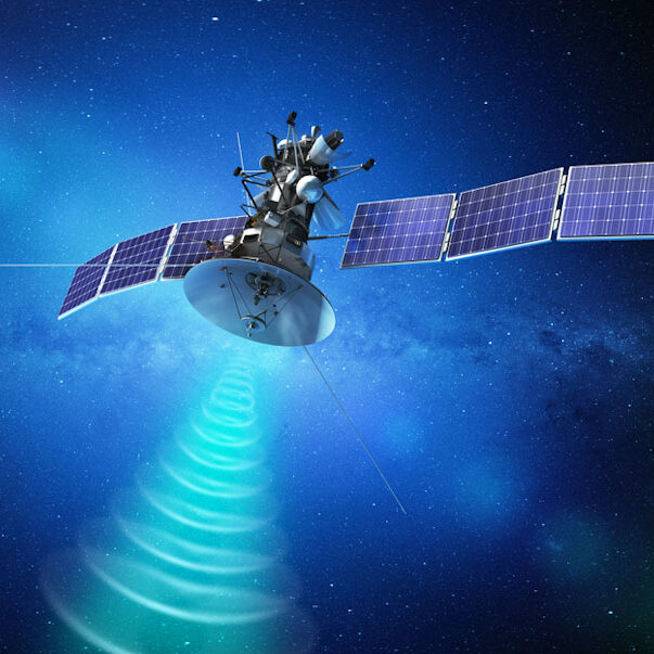 Communication satellite transmitting a signal in space. 3d rendering